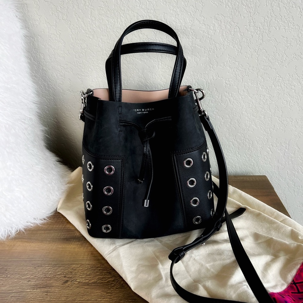 Tory Burch Block-T Grommet Micro Drawstring Crossbody Black 34373 MSRP$395